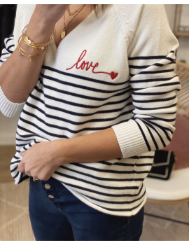 Pull marinière "love" rouge brodé col V