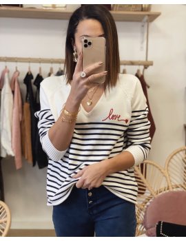 Pull marinière "love" rouge brodé col V