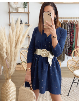Robe gaze de coton à pois doré - Navy