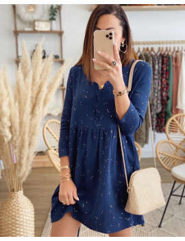 Robe gaze de coton à pois doré - Navy