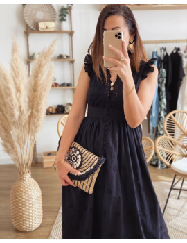 Robe longue broderie anglaise Noire - Agathe